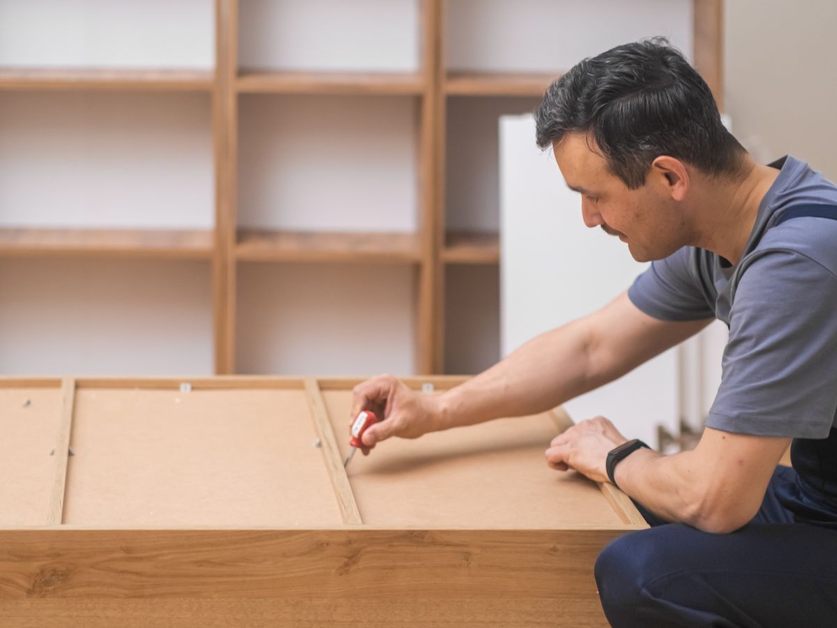 A man focused on a task at a wooden table, surrounded by tools and materials for his project.